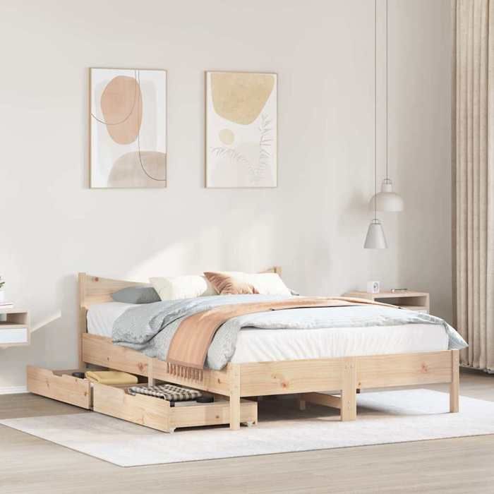 VidaXL Bed Frame with Drawers 160x200 Cm Solid Pine Wood, Slatted Base, Double Bed Frame, Solid Wood Bed Frame, 3301899