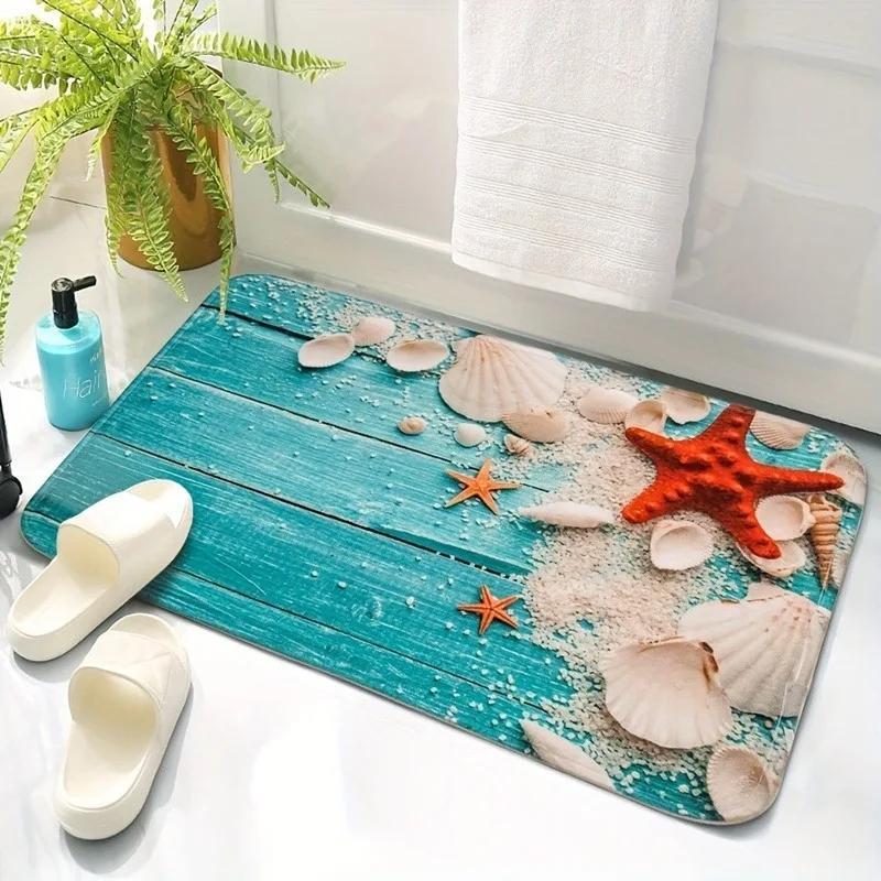 Sjöstjärnemönster Badmatta Träådringsmönster Matta för Badrum Superabsorberande Halkfri Toalettmatta Duschrum Inomhusdekor Dörrmatta
