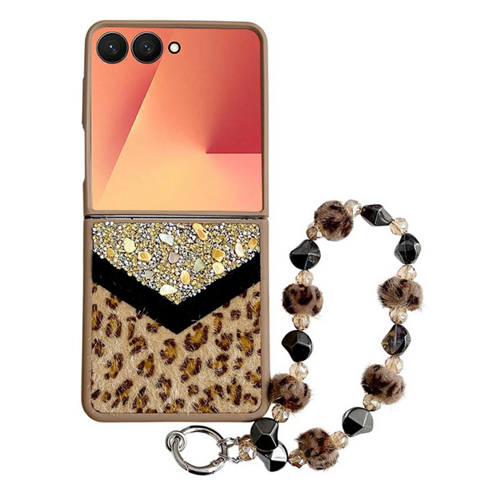 For Samsung Galaxy Z Flip7 5G Case Stone Decor Glitter Leopard Splicing Plush PC Phone Cover with Hand Chain