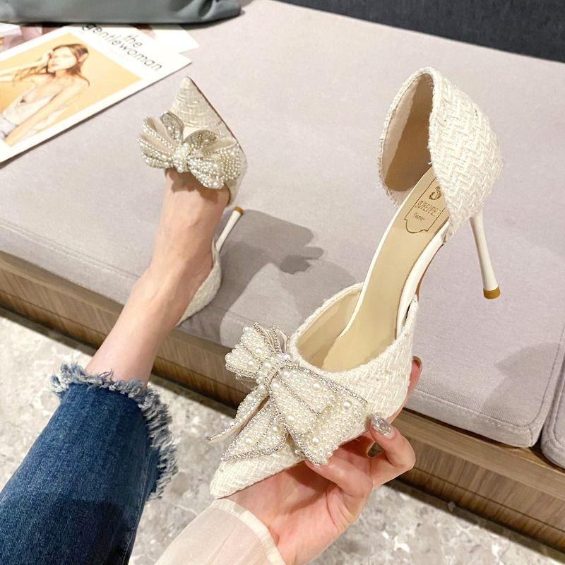 French Temperament Hollow Crystal High Heels Women's 2025 Spring and Autumn New Shallow Mouth Pointed Thin Heel Single Shoes Are Not Tired