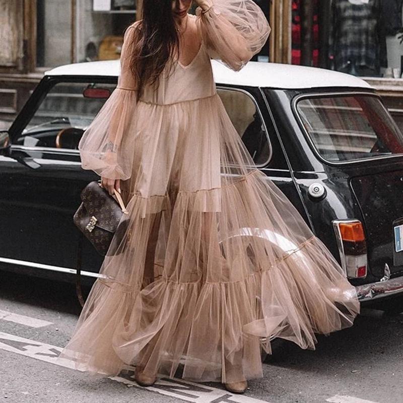 2025 Summer European & American Women's V-Neck Mesh Puff Sleeve See-through Maxi Dress
