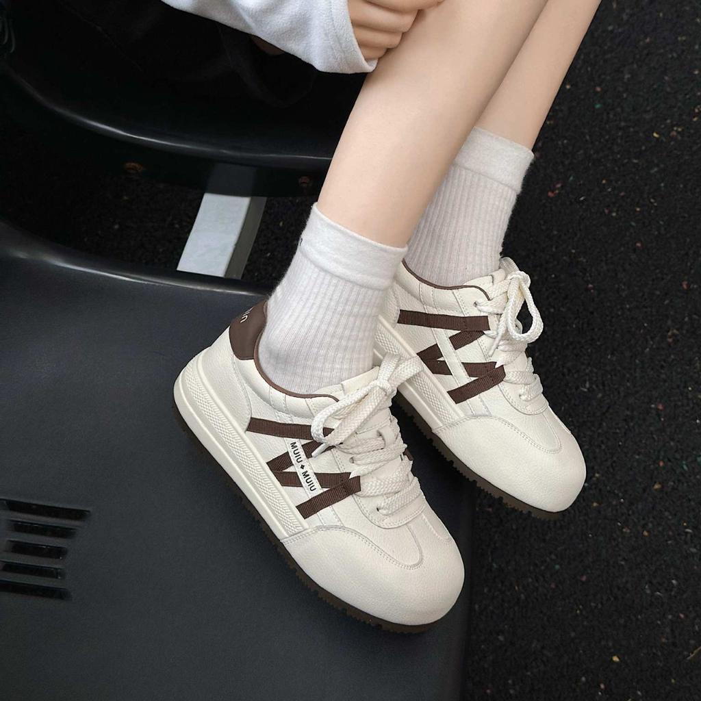 Leather round head popular little white shoes women's 2025 new autumn platform versatile casual sports Forrest Gump shoes German training shoes
