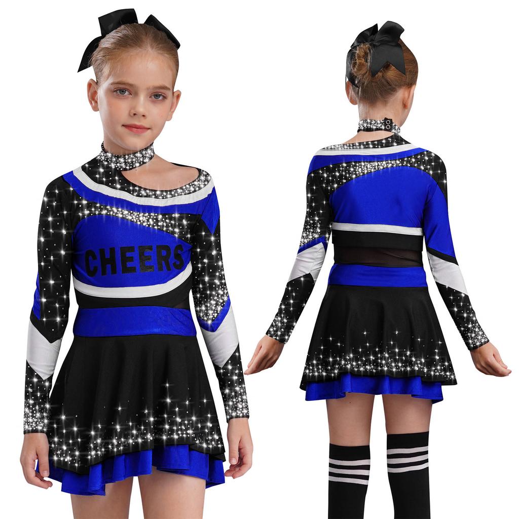 Varsity Style Cheer Uniform for Kids: Long Sleeve Rhinestone Top with School Letter & Contrast Skirt for Performance