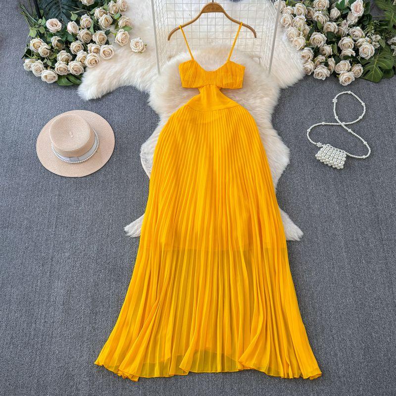 

Vacation Style Sexy Sexy Sling Dress Women s Summer New Arrival Tight Waist Slim Backless Stylish Pleated Dress Yellow L