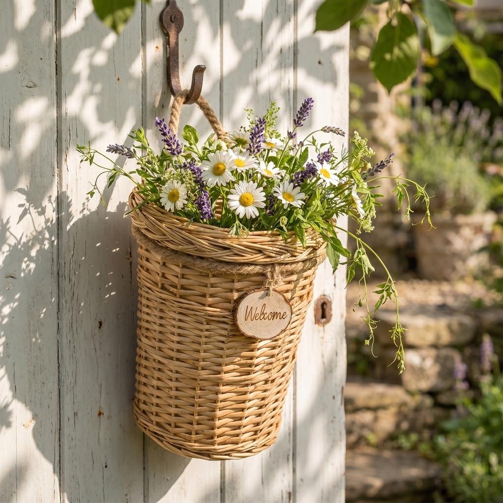 Wicker Hanging Basket with Handle and Lid Natural Woven Storage Container for Indoor Outdoor Use Rustic Style Wall Mounted Organizer