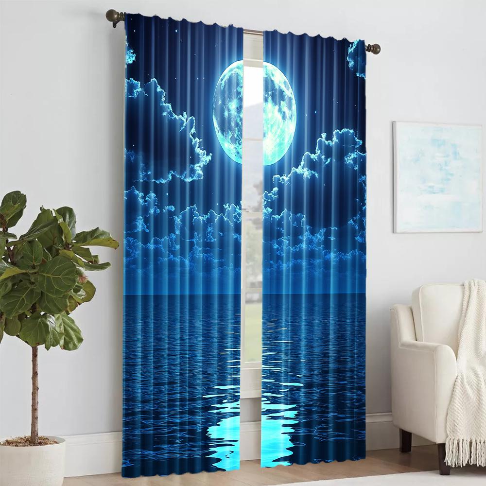 2Pcs Moon Pattern Curtains Rod Pocket Decorative Window Drapes Window Treatments For Bedroom Living Room Home Decoration Room