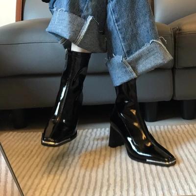 Versatile Autumn and Winter  New Mid-leg Boots Look Thin Patent Leather Booties Women's High Heel Block Heel