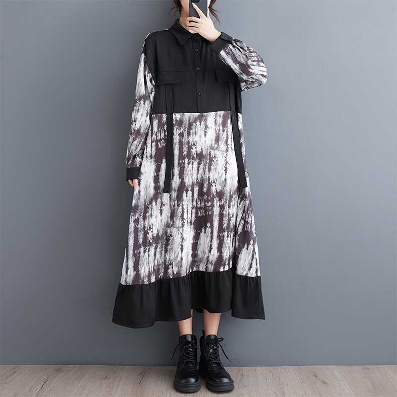 Damen Retro Literarisch Locker Schlank Mittellang Bedrucktes Kleid Damen