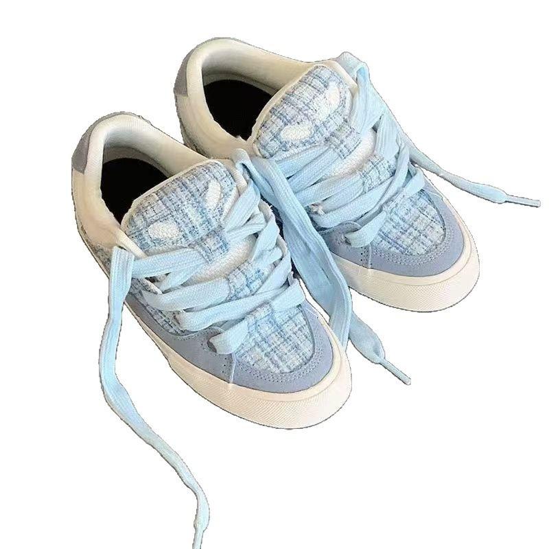 Light blue bread shoes autumn new casual breathable plaid splicing versatile fur skateboard shoes