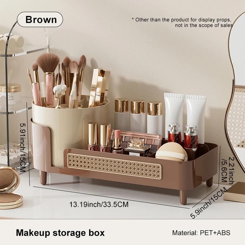 

Cosmetics storage case Advanced sense desktop large capacity revolving pen holder Dressing table skin care storage коричневий