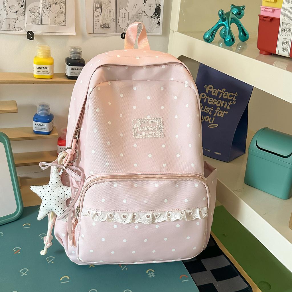 Schoolbag Milk White Polka Dot Backpack ins Niche Middle and High School Elementary School Bag Women's Lace Light Casual Backpack