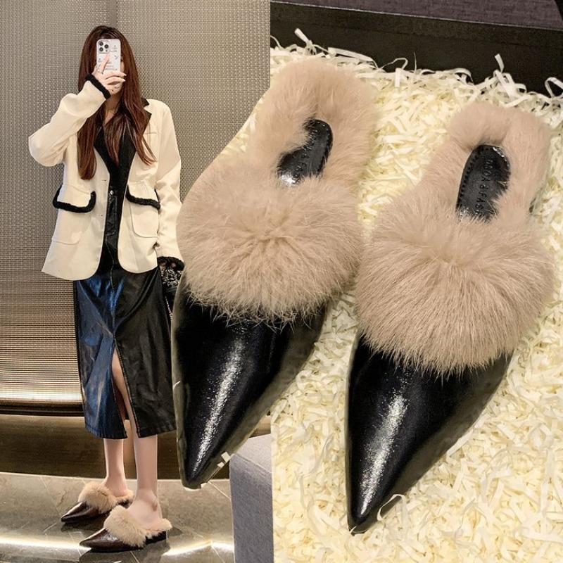 New Warm Winter Real Rabbit Fur Plush Women Slippers Fashion Pointed Flat Mules Shoes Lady Luxury Mujer Indoor Slides