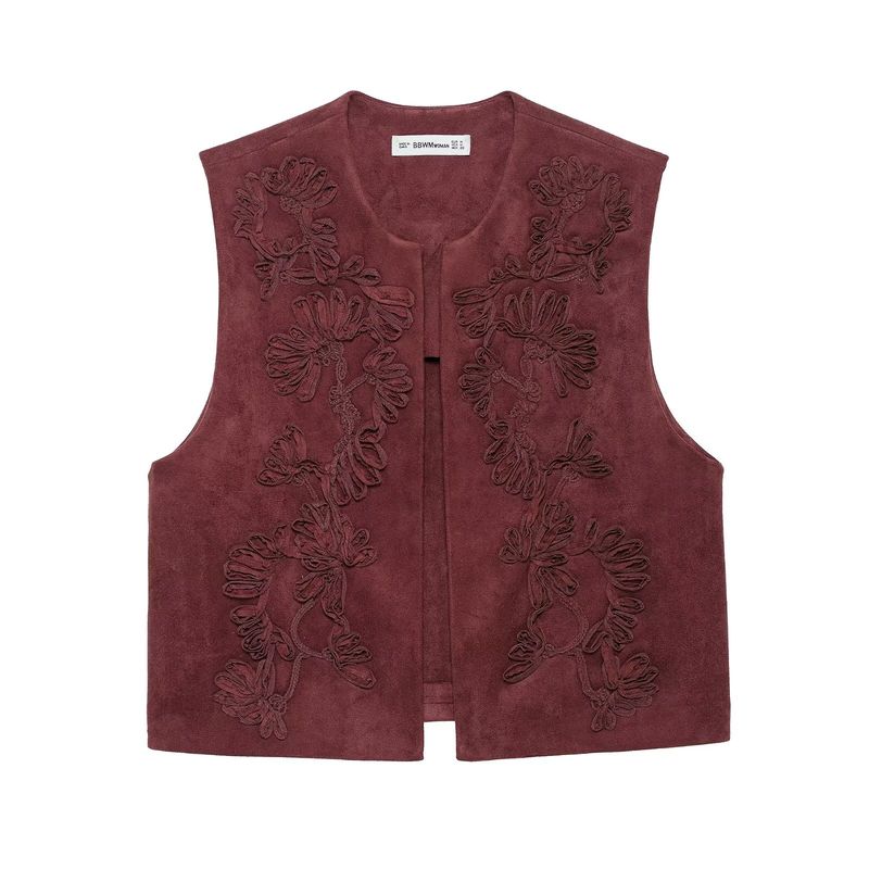 Za Export New Arrival Women's Clothing ZR Fashion Style Embroider Suede Texture Round Neck Vest Jacket 4344150