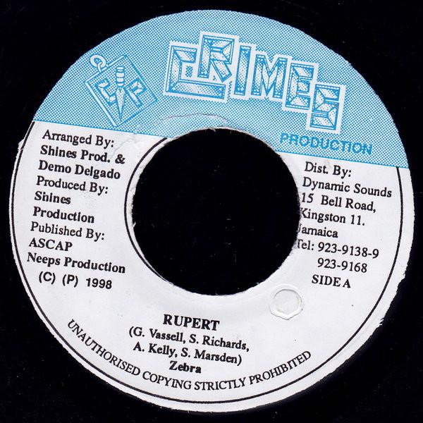 

7inch Record ZEBRA - Rupert NONE Crimes Producti 1998 Jamaica Reggae, Ska & Dub Used