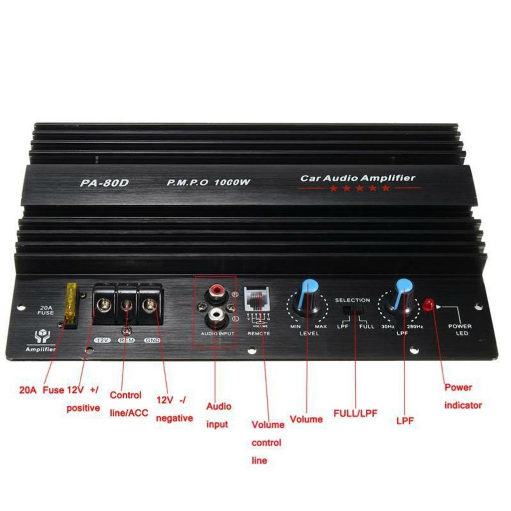 12V Universal 1000W Amplifier Board PA-80D Mono Car Audio Power Amplifiers Powerful Bass Subwoofers Sound Amplify For Car Modi