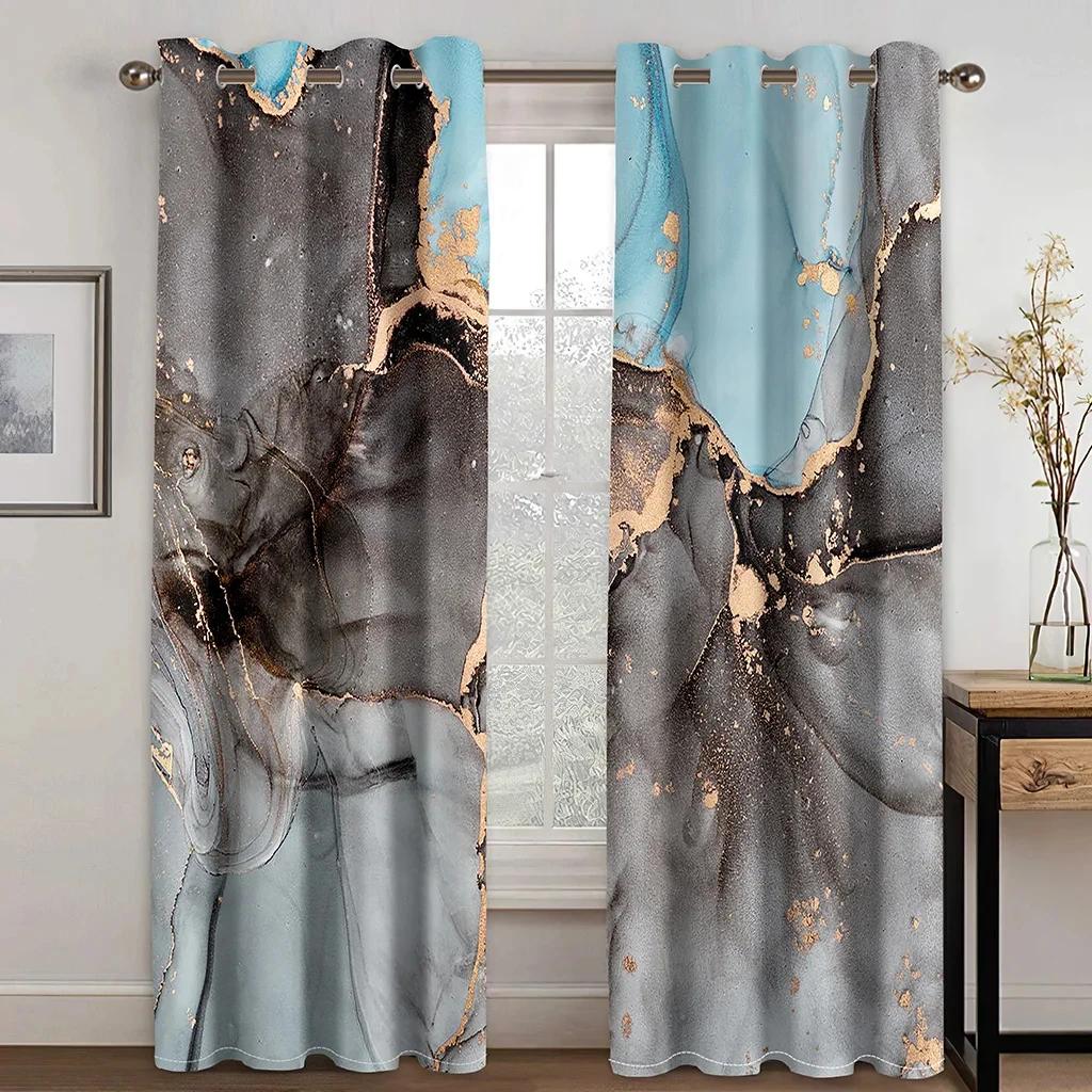 3D Blue Gold Dali Texture Curtains European Luxury Home Decor Shading Curtains 2 Panels Living Room Bedroom Window Curtains