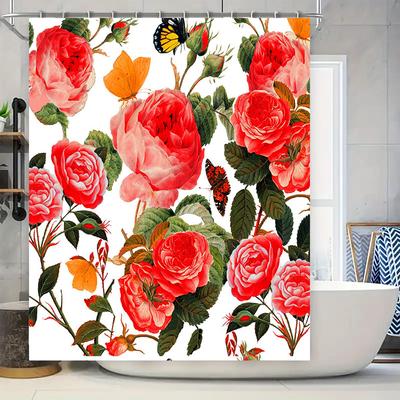 Blumen-Duschvorhänge im Aquarellstil mit roten Rosen, orangen Schmetterlingen, grünen Blättern und rosa Blumen, perfekt für einen Fledermaus