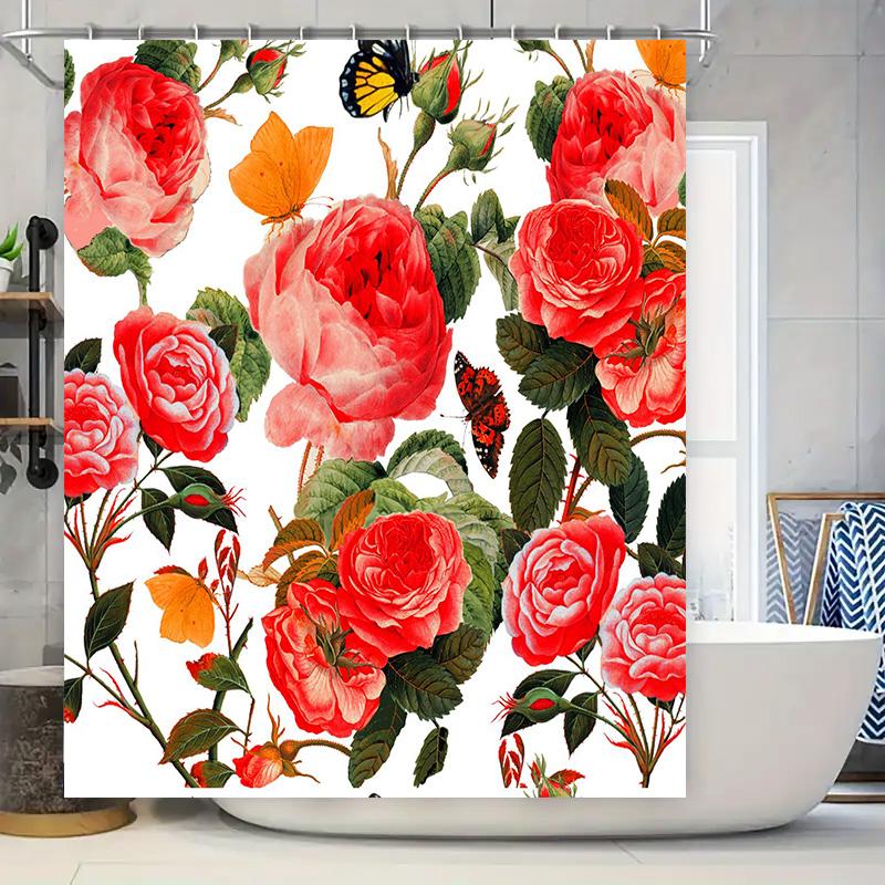 

Watercolor-Style Floral Shower Curtains Featuring Red Roses, Orange Butterflies, Green Leaves And Pink Flowers Perfect For A Bat W60H190(CM)-1 Pcs