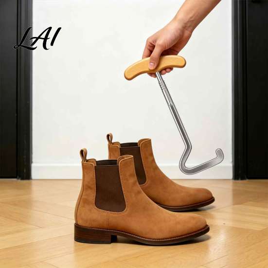 Stiefelzubehör für den Bauernhof Hufeisenförmiger Schuhanzieher Haken Langlebiges Metall Tragbar Stiefel Holz Zuggriff T-Griff Einfache Anziehhilfe Zuhause Pferd Reitsport