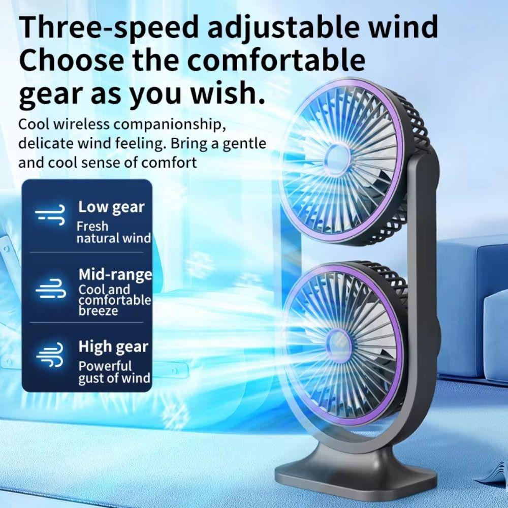 5 Gear Double Head Desk Fan USB Rechargeable Table Cooling Clip Fan Office Desktop
