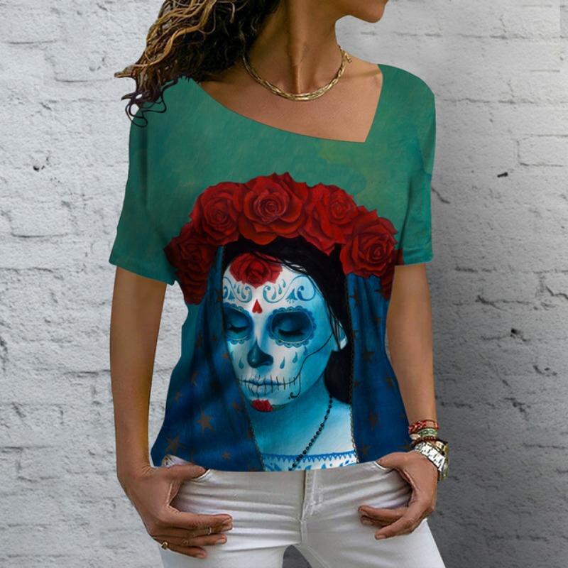 Damski T-shirt z motywem różanym, malowany, z nadrukiem graficznym, z dekoltem w serek, podstawowy top z krótkim rękawem, XS-8XL/Druk 3D