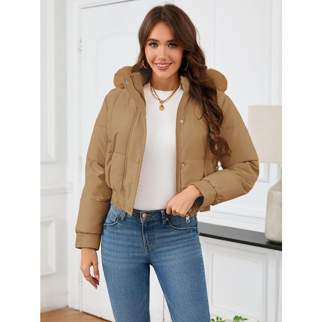 2025 Women's Winter Short Cotton Coat High Waist Slim Fit Warm Fur Collar Padded Outerwear Casual Thickened Jacket