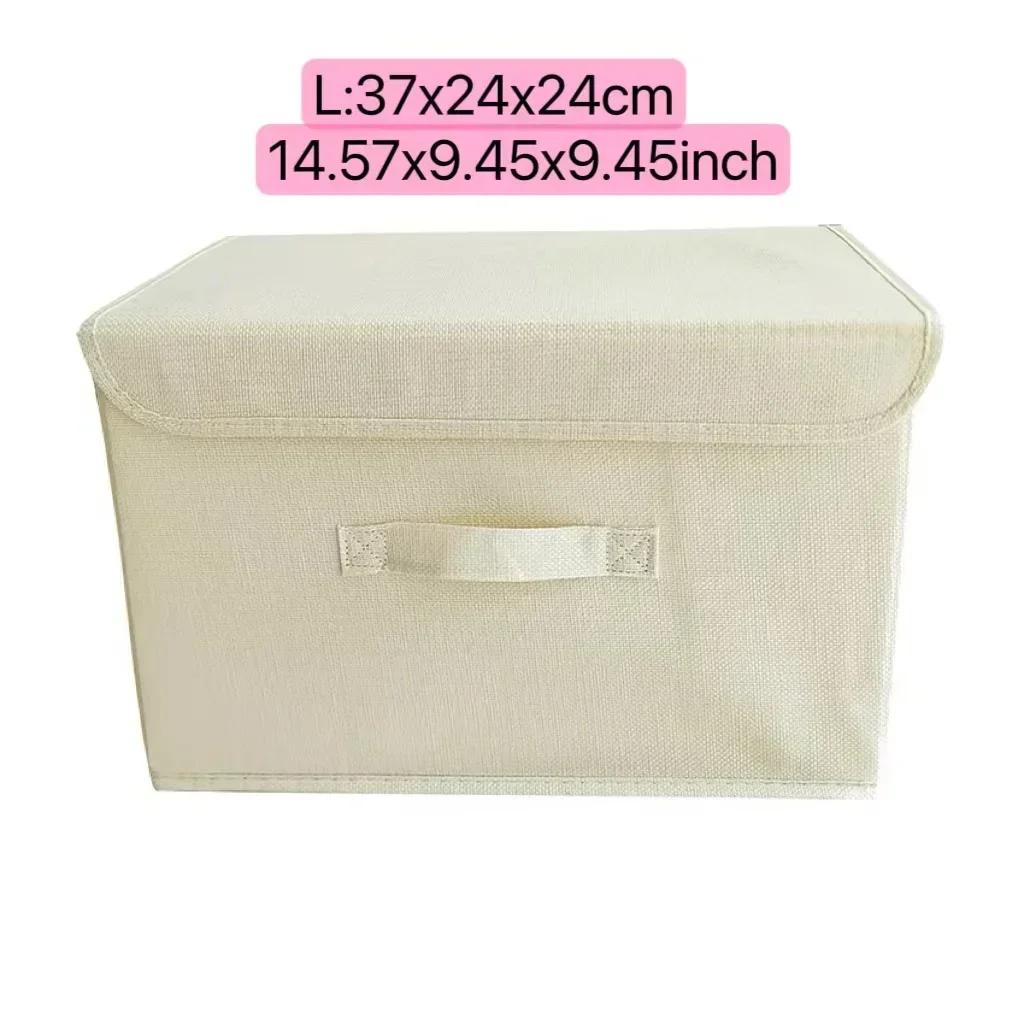 Linen Fabric Storage Basket with Lids Collapsible Sundries Storage Box Toys Books Organizer for Living Room Bedroom Dormitory