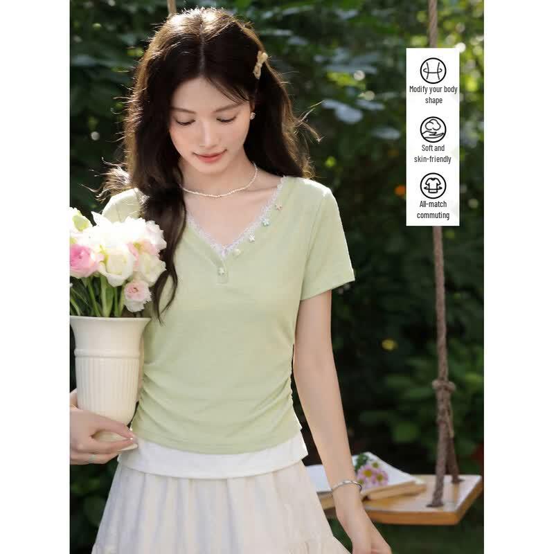 Lu Xiangnan Women s Fake Two-Piece V-Neck T-Shirt S