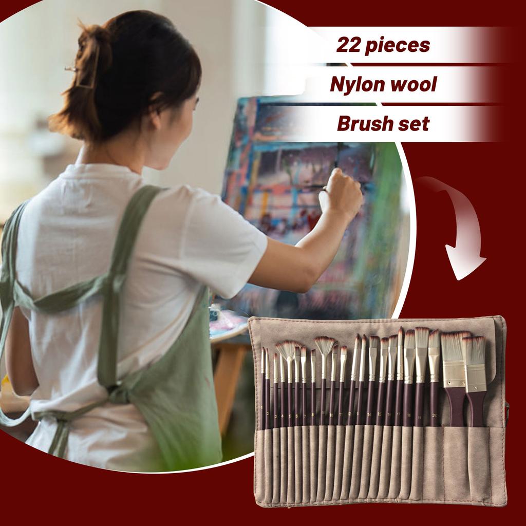 22-piece Nylon Bristle Paint Brush Set For Oil And Watercolor Painting, Brushes With A Fabric Case.