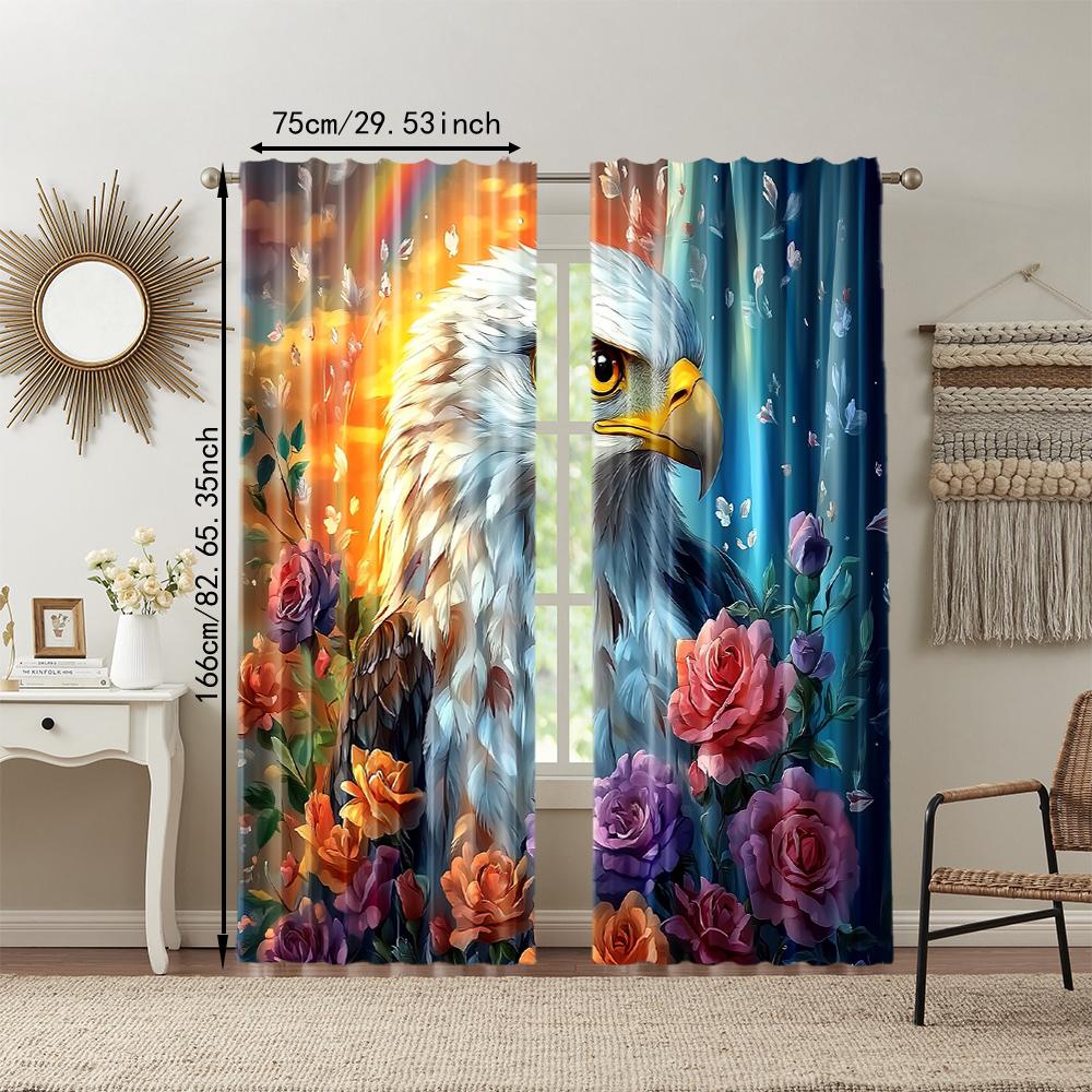 2 Pcs, Versatile Polyester Transparent Curtains for Home Decoration Eagle & Floral for Use In Bedrooms and Living Rooms