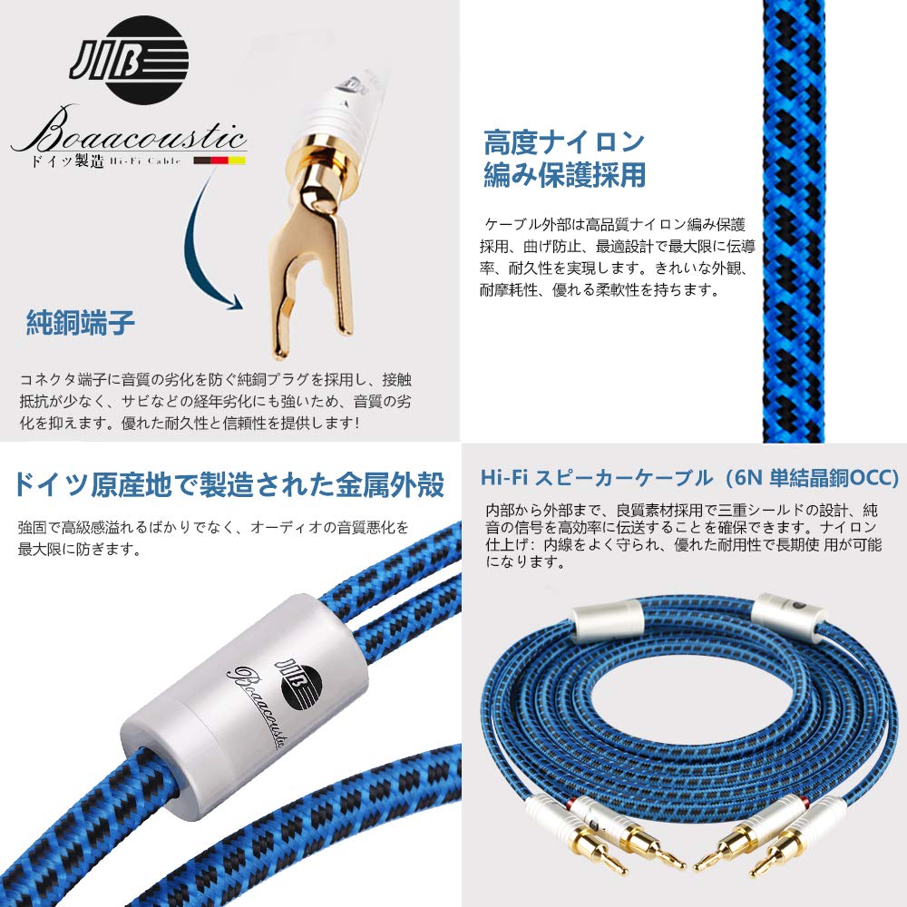 BOAACOUSTIC German Speaker Cable with Banana Plugs and Compatible with Home and More Copper 3m 2 Cables Hi-Fi Y-Lug Terminals, Amplifiers, Subwoofers,