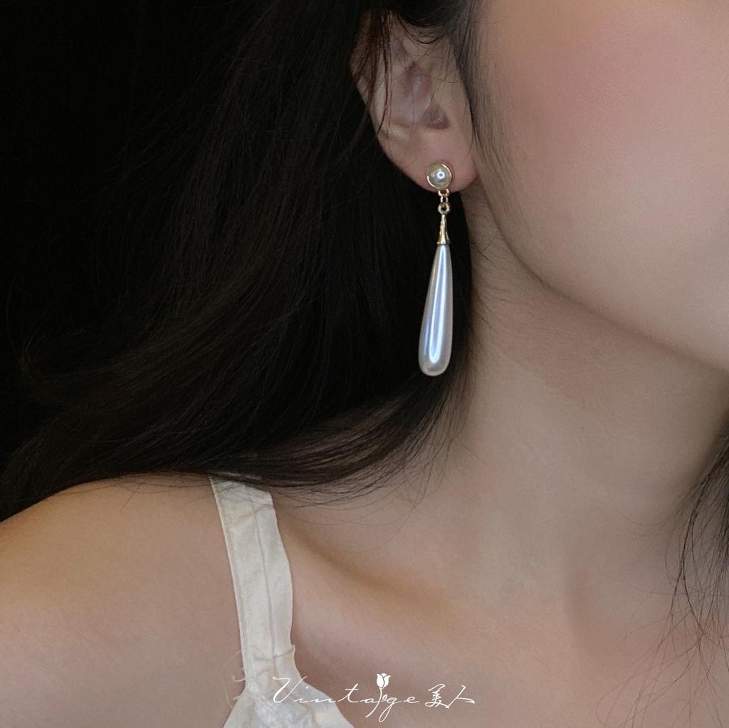 Silver Needle French Retro Pearl Water Drop Ear Women's Ring, Light Luxury Foreign Quality Face Skinny Long Earrings Earrings