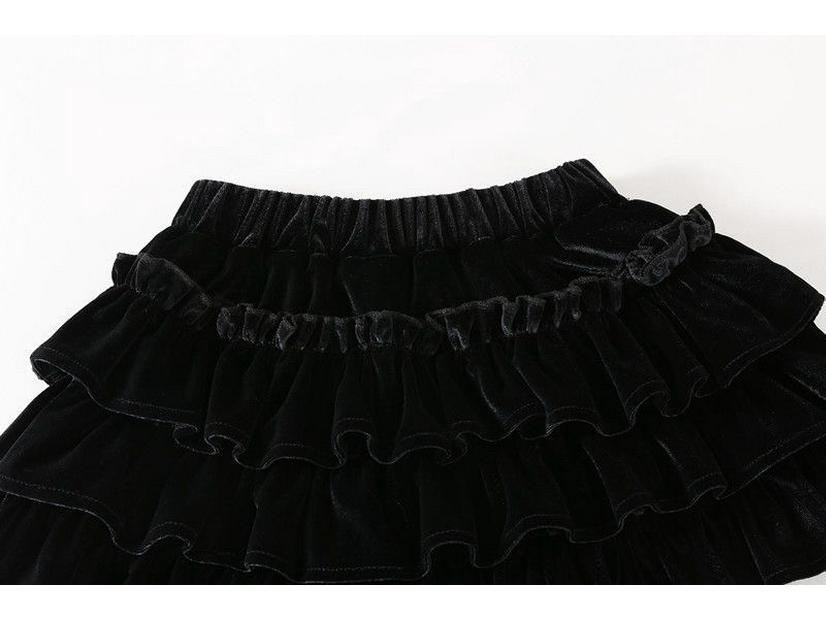 Girls' Black Velvet Layered Puffy Skort - Princess Style, Anti-Exposure, Spring/Autumn Korean Edition