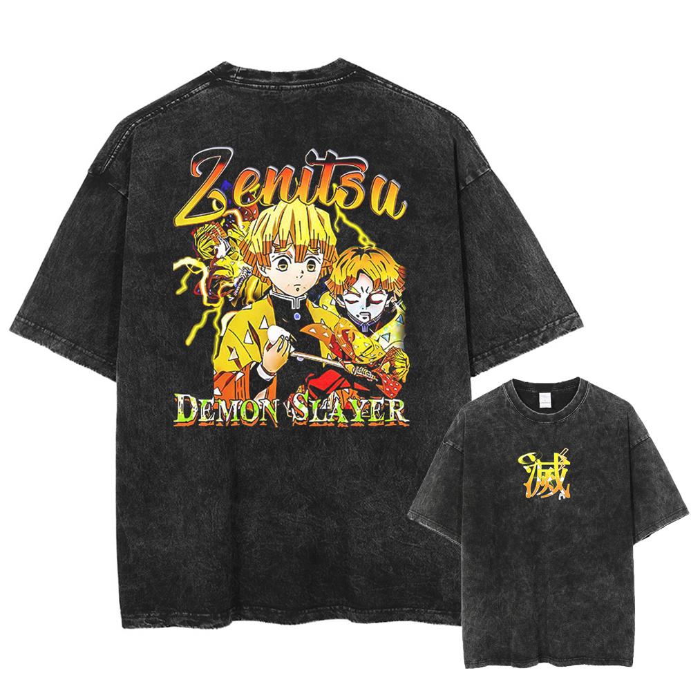 Japan Anime Demon Slayer Agatsuma Zenitsu Print T Shirt Men Washed Cotton T-shirts Manga Casual Tee Harajuku Male Vintage Tshirt