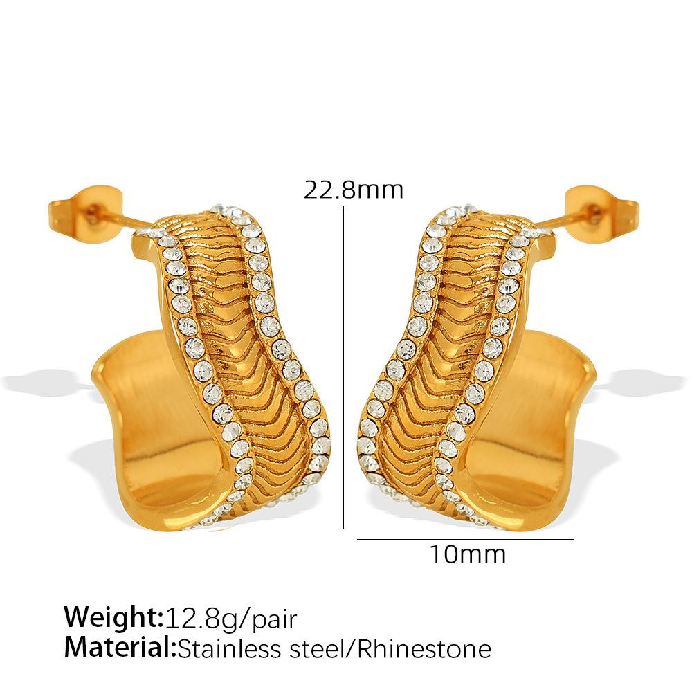 Chic style commuter simple personality snake scale texture inlaid Czech diamond titanium steel earrings simple special-shaped ring