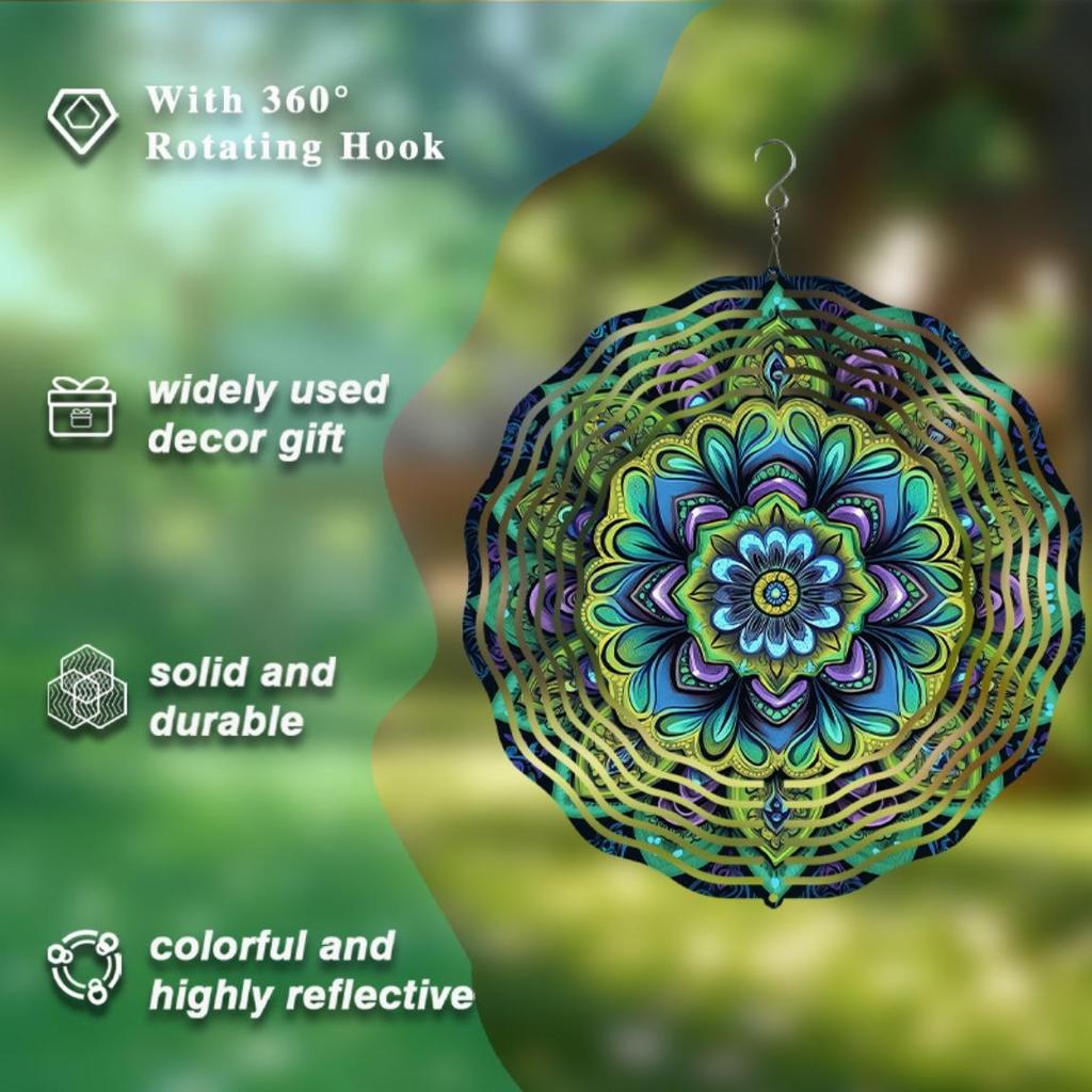 Vibrant Mandala Metal Wind Chime Outdoor Hanging Kinetic Yard Art with Colorful Floral Design in Green Blue Purple Yellow for Christmas Halloween