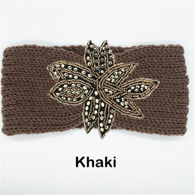 Crystal Beaded Flower Knit Headband For Women Winter Wool Ear Warmer Hairband Turban Headwrap Hair Accessories Bandeau