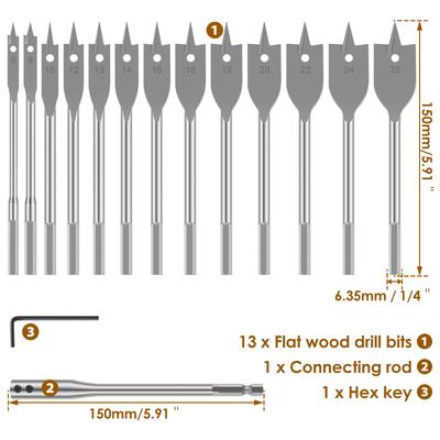 15PCS 6-25mm Durable Woodworking Tool Sets Flat Drill Long High-carbon Steel Wood Flat Drills Woodworking Spade Drill Bits