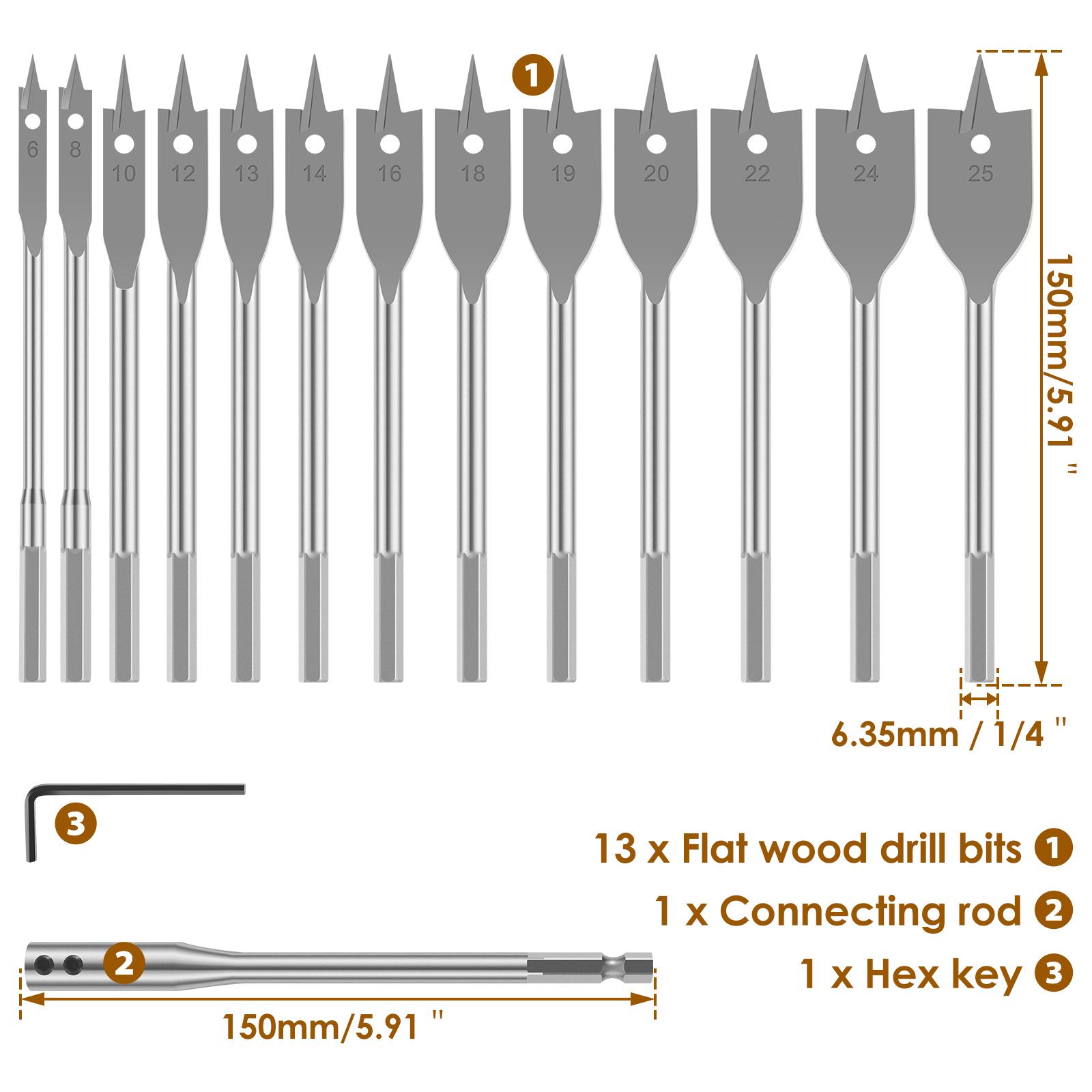 

15PCS 6-25mm Durable Woodworking Tool Sets Flat Drill Long High-carbon Steel Wood Flat Drills Woodworking Spade Drill Bits silver