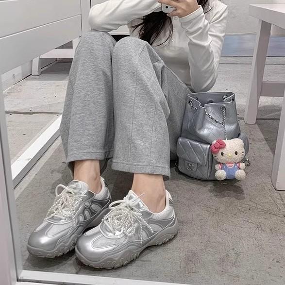 Cowhide Version~ Su Yinyin's Same Crescent Sole Thick Sole Inner Heightening Lace Pearl Casual Moral Training Shoes Women's Forrest Gump Shoes