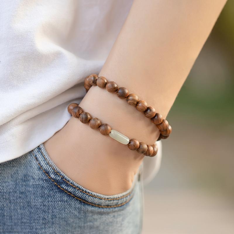 Unique Design Vietnamese Yellow Rosewood Bead Bracelet with Jade-like Finish, Vintage Style, Simple Sandalwood Wooden Multi-loop Bracelet for Men and