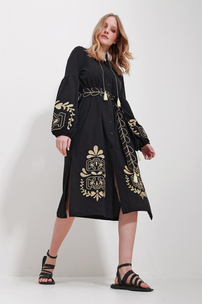 Women's Hijab Dress New Season Fashion Black Magnetic Collar Belted Double Slit Linen Dress