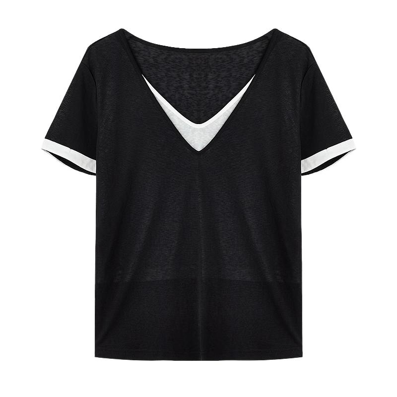 Qiusyiren Women s V-Neck Color-Block Faux Two-Piece Top XL