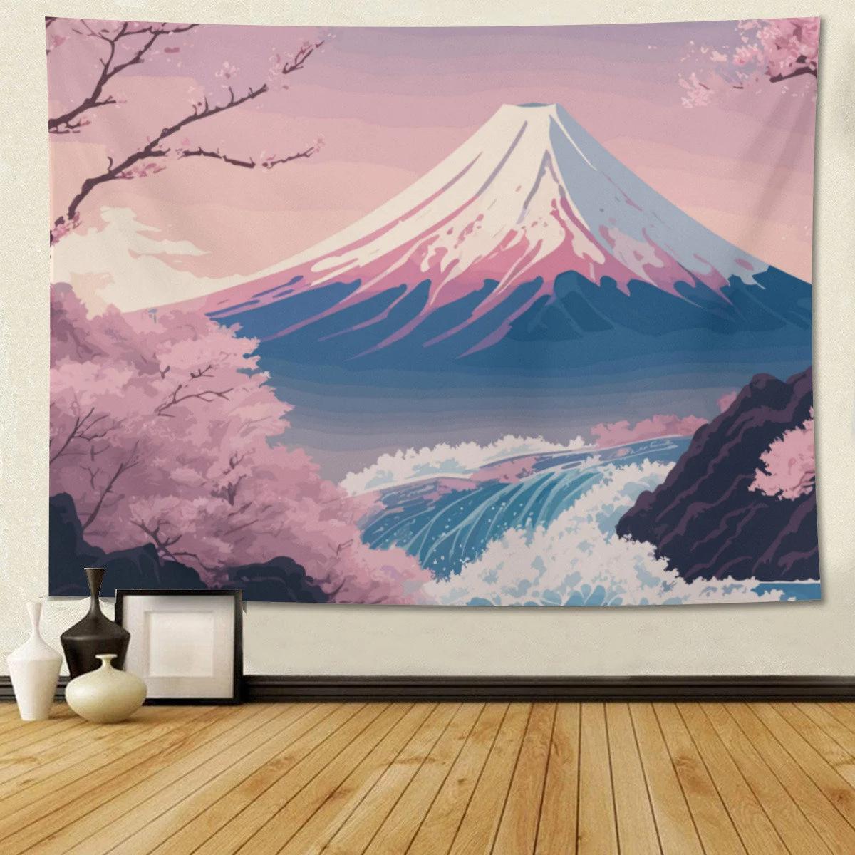VIKAMA Morandi Pink Fuji Mountain Tapestry Japanese Cherry Blossoms Sea View Art Background Atmosphere Room Decoration 40X60CM(1.3X2FT