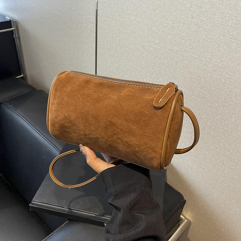 

Модная замшевая цилиндрическая сумка для женщин, осенняя, новая, универсальная, матовая, текстурированная, сумка через плечо, простая, элегантная, сумка через плечо 20x8x11cm коричневый
