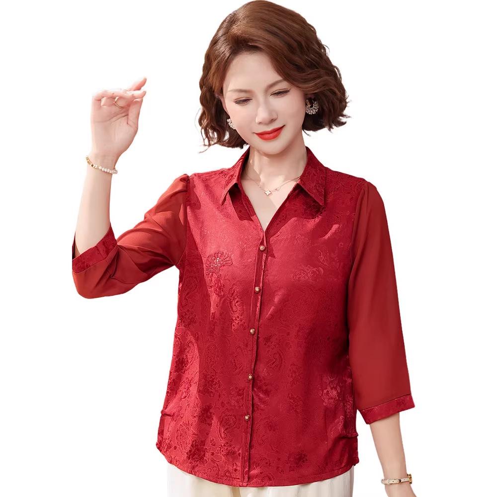 Mid-Aged & Elderly Women's Elegant Jacquard Lapel Shirt - Stylish Summer Seven-Sleeve Top for Mother's Wear
