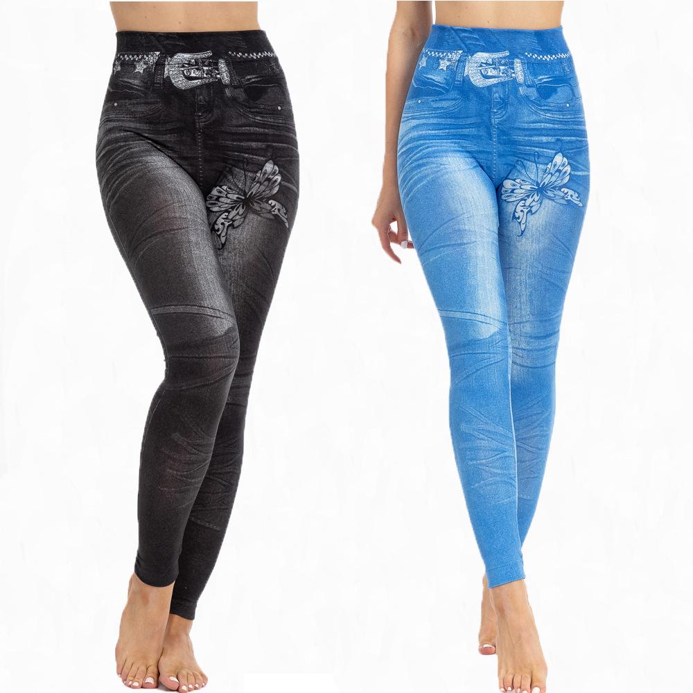 Chic Butterfly Print Faux Denim Butt-Lifting Leggings for Women