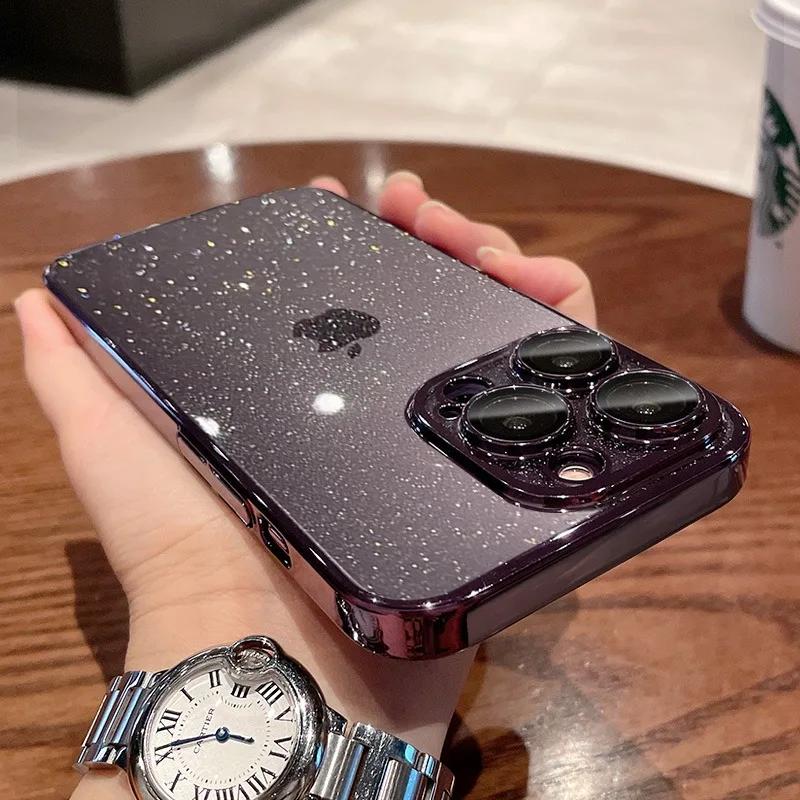 

Glitter Transparent Hard PC Slim Case for iPhone 16 15 14 Pro Max Plus 13 12 11 Plating Clear Camera Protector Ultra Thin Cover for iPhone 12