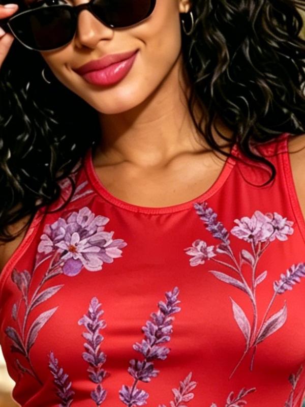 Women's Red Purple Lavender Floral Print Sleeveless Bodycon Dress, High Waist Tight Fit Beachwear and Cocktail Mini Dress