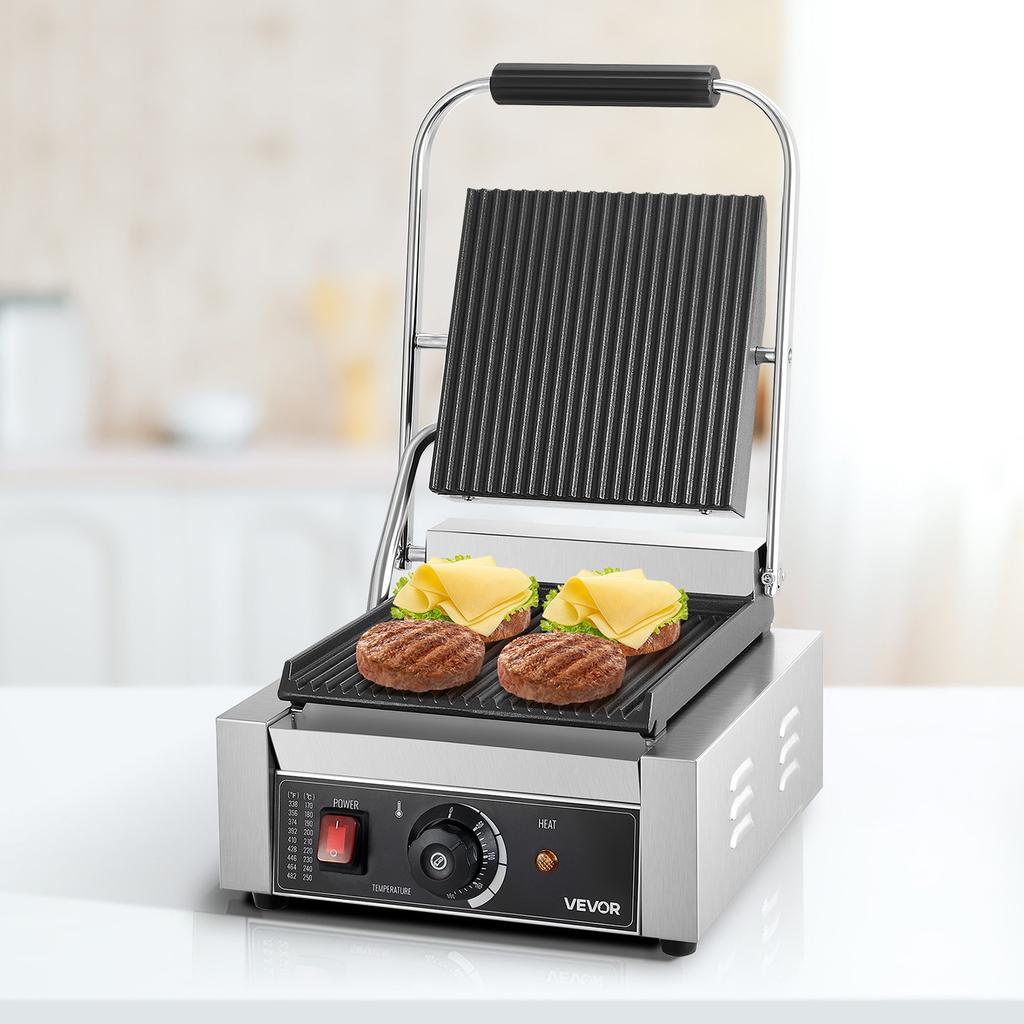 VEVOR Commercial Panini Grill, 1800W Electric Sandwich Panini Maker, Stainless Steel Sandwichs Press Grill with Handle and Temp Control